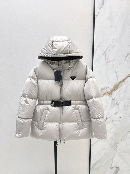 Prada Chic Belted Hooded Down Jacket Suitable for Every Occasion