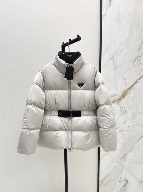 Prada Elegant Collared Belted Down Jacket with Brand Logo for Sophisticated Style