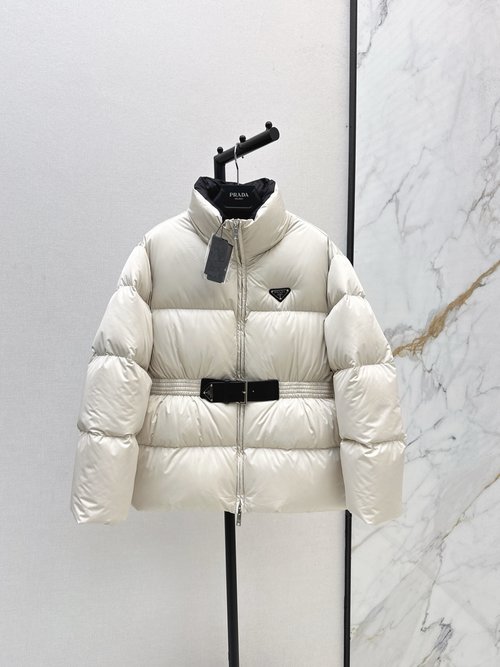 Prada Premium White Goose Down Jacket with Belted Collar for Versatile Outfitting