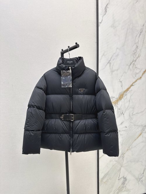 Prada High-Quality White Goose Down Jacket with Belted Collar for All-Season Wear