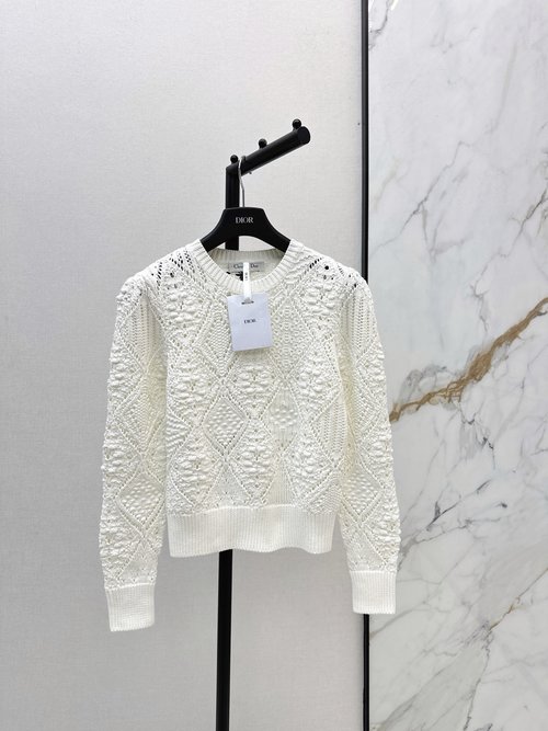 Dior Round Neck Knit Top with Hollow Diamond Relief Jacquard