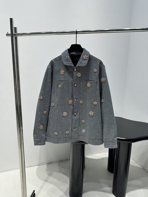 Louis Vuitton Work Jacket with Decorative Elements, Gray Denim and Vintage Stripes