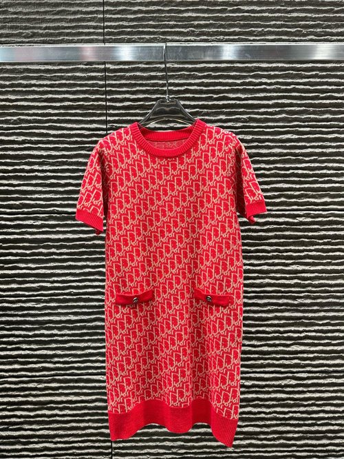 Dior Full Jacquard Letter Round-neck Knit Short Dress