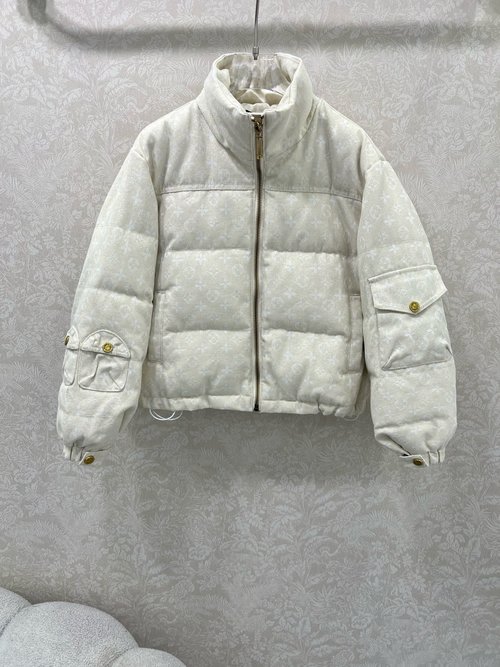 Louis Vuitton Golden Jacquard Down Jacket with Vintage Pattern, Stylish and Warm