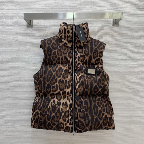Dolce & Gabbana Leather Leopard Vest with Metal Logo and Zipper