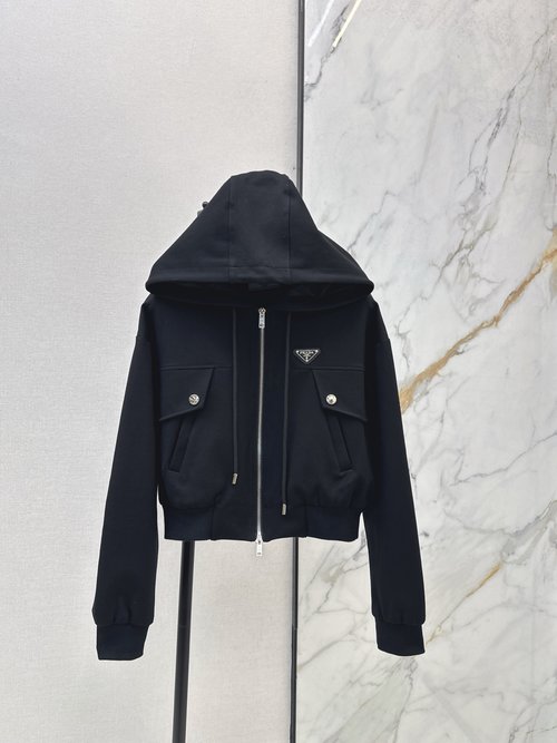 Prada Triangle Logo Hooded Jacket with Textured Fabric and Exquisite Tailoring
