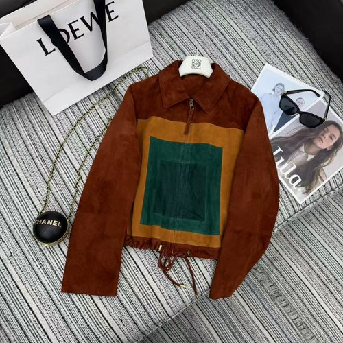 Loewe LOE New Suede Collar Leather Jacket with Contrasting Design