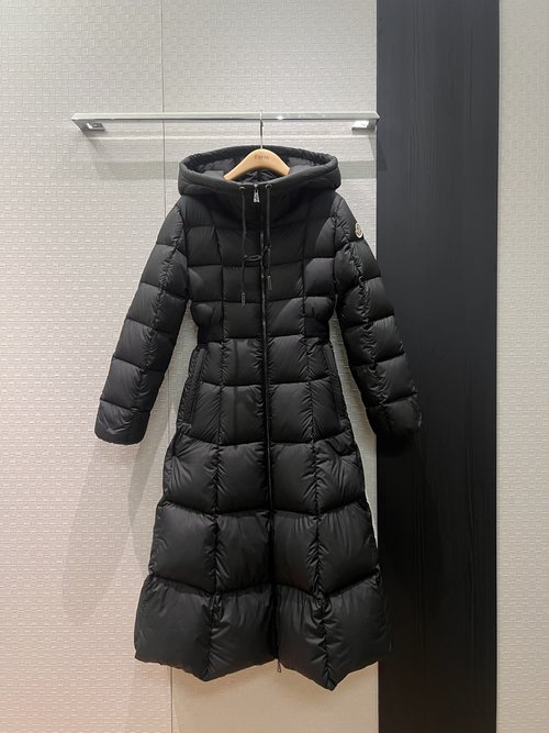 Moncler Hooded Waist-Cinched Long Down Coat with Logo Embellishment