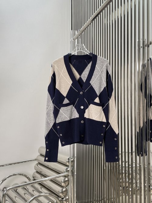 Thom Browne 100% Wool Checkered Knit Cardigan
