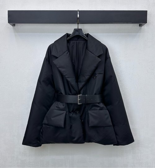 Prada Imported Nylon Belted Peak Lapel Down Jacket with Triangle Logo