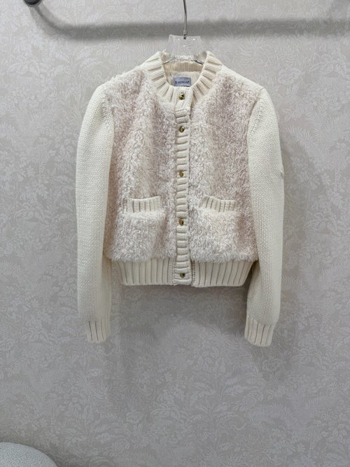 Moncler Wool-Spliced Knit Down Jacket with Arm Badge