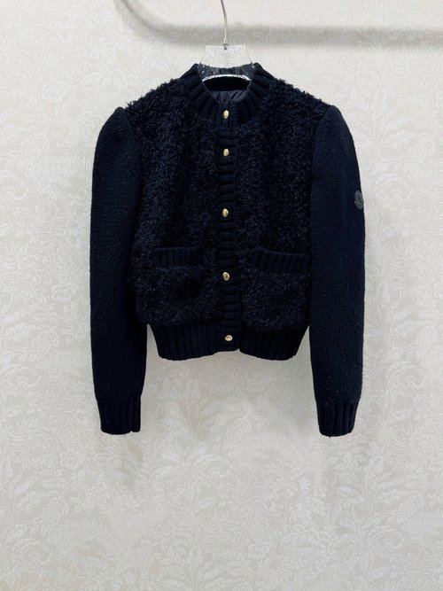 Moncler Wool-Spliced Knit Down Jacket with Arm Badge