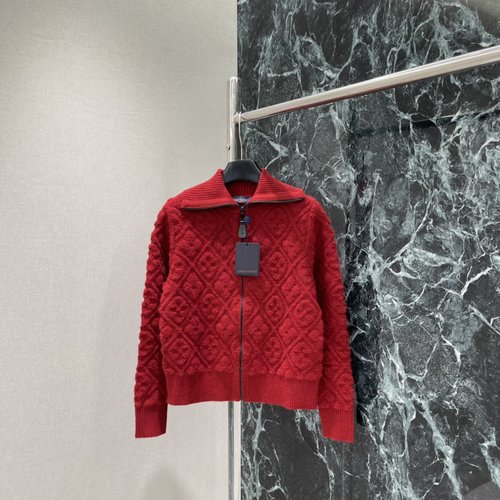Louis Vuitton Wine Red Knit Zip-up Coat with Monogram Pattern, Stylish and Sophisticated