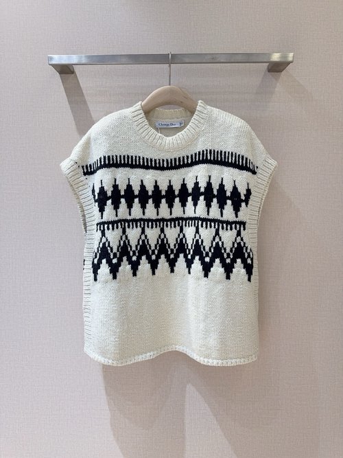 Dior Knitted Sleeveless Vest with Round Neck and Slit Hem