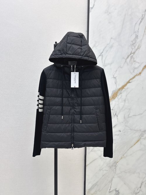 Thom Browne Popular Wool Patchwork Hooded Down Jacket, Elegant Style