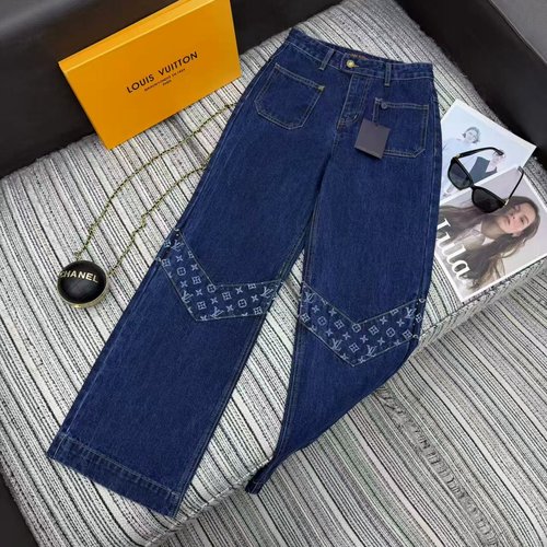 Louis Vuitton Classic Denim Straight-Leg Pants with Logo Splicing