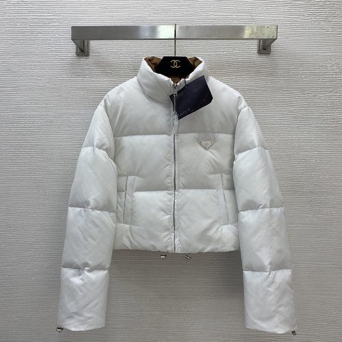 Prada Duck Down Filled Short Puffer Jacket with Logo Badge