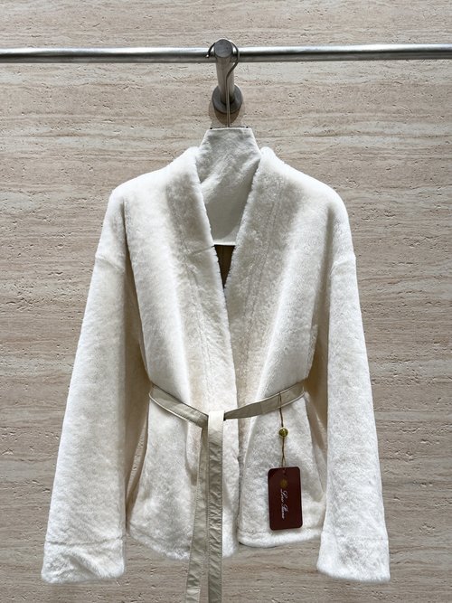 Loro Piana V-neck Fur Coat with Australian Wool, Belted for a Slimming Look