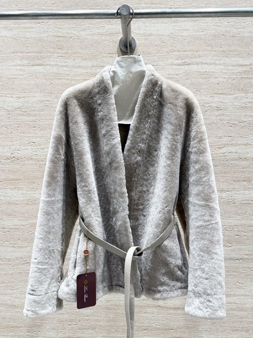 Loro Piana V-neck Fur Coat with Australian Wool, Belted for a Slimming Look