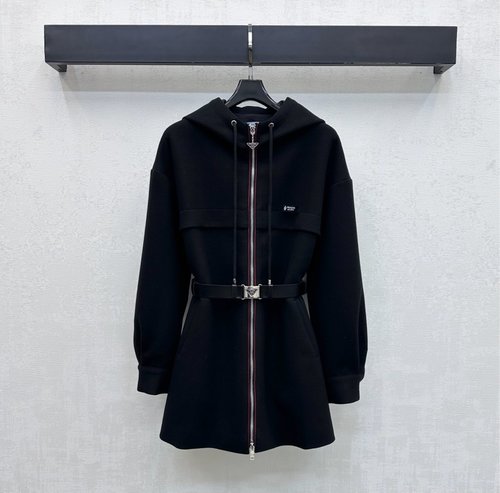 Prada Custom Imported Woolen Hooded Belted Coat with Logo