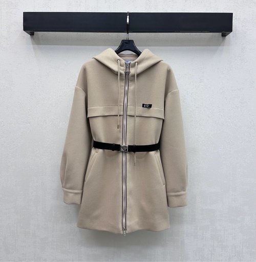 Prada Custom Imported Woolen Hooded Belted Coat with Logo