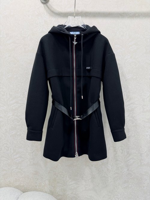 Prada New Hooded Belted Woolen Coat with Custom Details