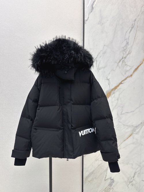 Louis Vuitton Down Jacket with Fur Trimmed Hood and Classic Logo