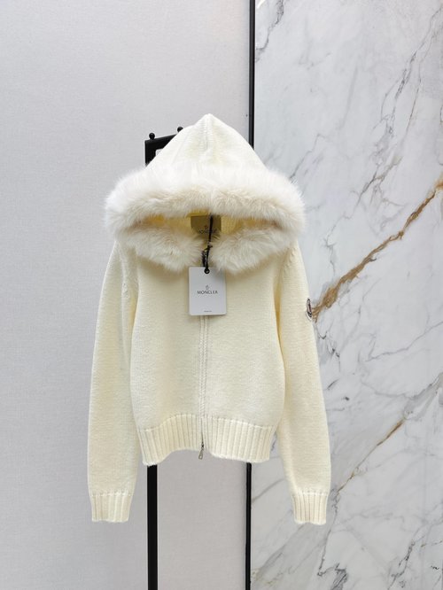 Moncler Detachable Fur Collar Knit Hooded Cardigan, Elegant and Versatile