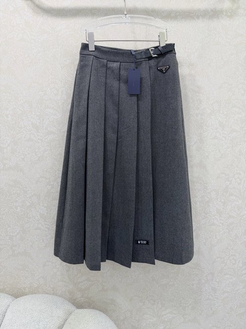 Prada Herringbone Woolen Skirt with Leather Trim and Fork Design