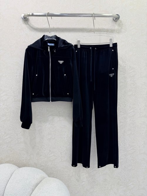 Prada Velvet Track Suit with Removable Hood and Classic Logo