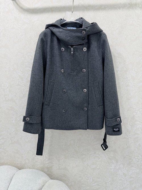 Prada Grey Woolen Belted Double - Breasted Coat with Custom Hardware