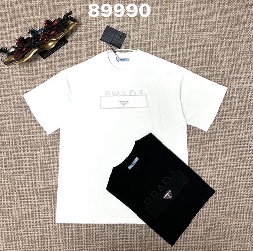 Prada Pure Cotton Double-Yarn Plain Weave Embroidered T-Shirt