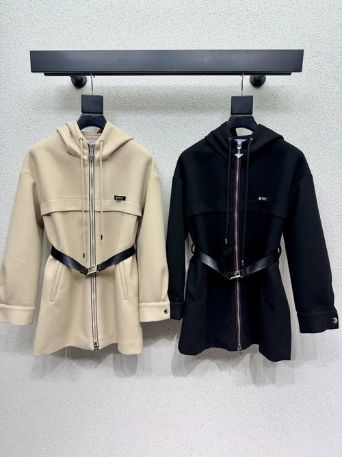 Prada Woolen Hooded Casual Coat with Belt: Neckline-Modifying Style