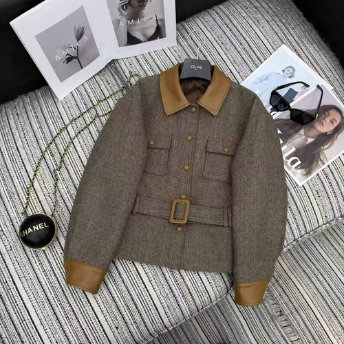 Hermes Recommended Leather-Patch Collar Herringbone Coat with Belt