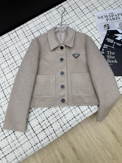 Prada Wool Shoulder-Contoured Coat with Broad Silhouette, Short Design for a Refined Look