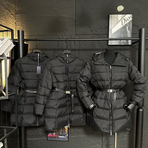 Prada Hooded Mid-Length Down Jacket with Belt and Triangle Logo