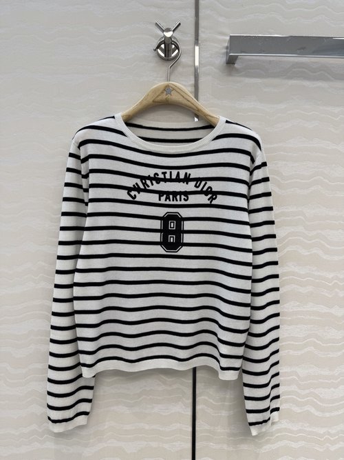 Dior Navy Stripe Knit Long-Sleeve Top with Logo Print