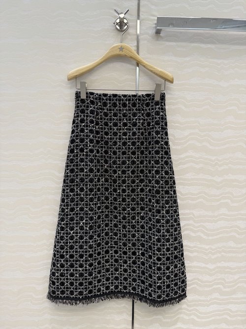 Dior Classic Woven Tweed Long Skirt with Tassel Edge