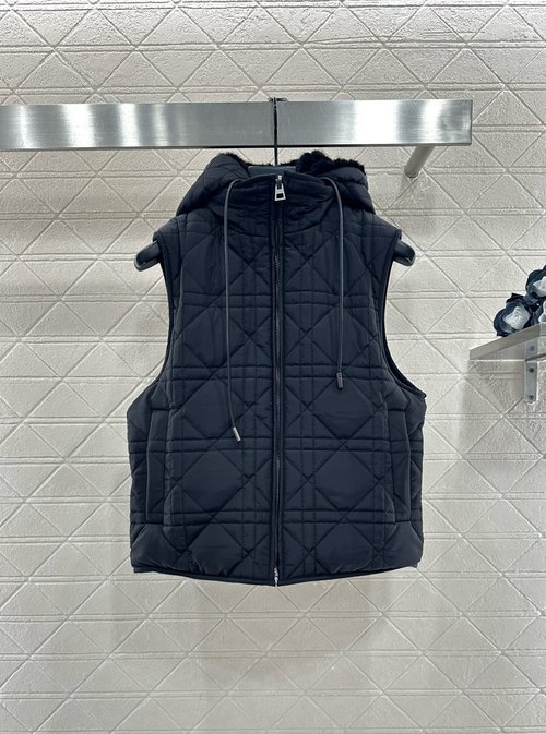 Dior Reversible Hooded Zippered Vest with Fur and Lattice Design, Versatile Appeal