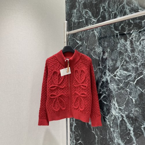 Loewe Stand-Collar Twisted Rope Knit Cardigan with Knot Feature