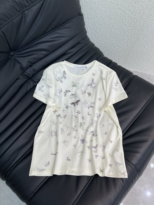 Dior Round Neck Butterfly Print Short Sleeve T-Shirt, Soft Cotton