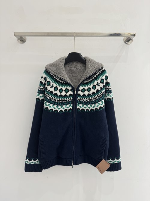 Miu Miu Retro Casual Furry Knit Open-Front Jacket with Fair Isle Pattern