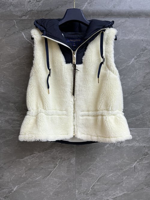 Louis Vuitton Zippered Hooded Wool Blend Teddy Vest with Ski Logo, Blue-White Color