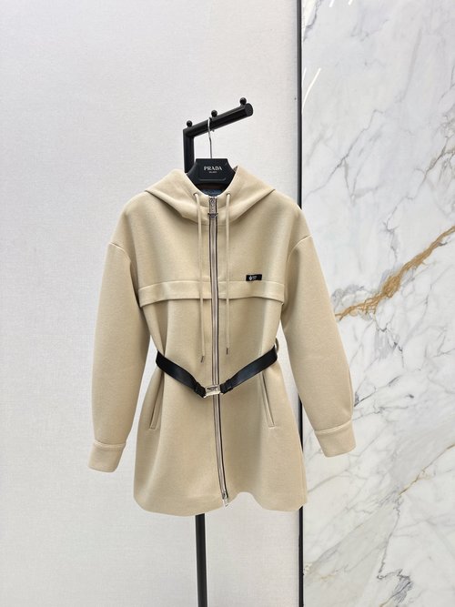 Prada Triangular-Logo Decorated Hooded Coat with High-End Style
