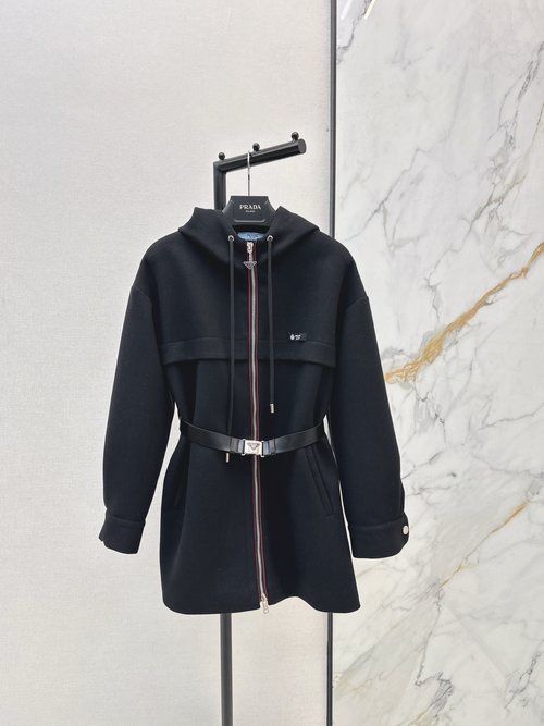 Prada Triangular-Logo Decorated Hooded Coat with High-End Style