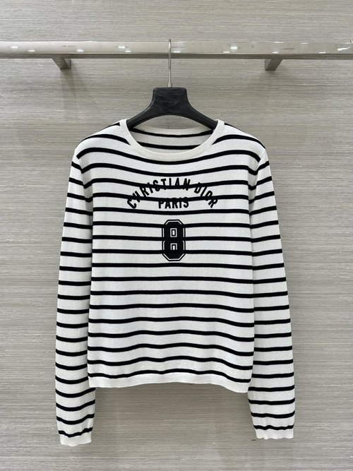 Dior Navy Striped Knit Long Sleeve Top with Logo