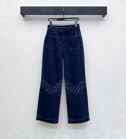 Louis Vuitton Custom Denim Straight-Leg Pants with Laser Splicing and V Logo Decoration