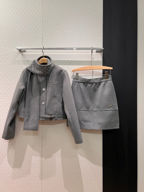 Louis Vuitton Scarf-Decorated Wool Blend Coat and Skirt, French Elegance