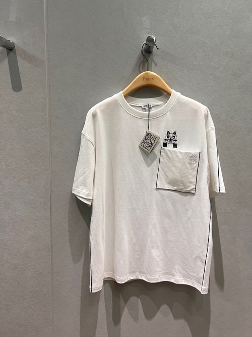 Loewe New Co-branded Embroidered Cat Pocket T-Shirt with Colorful Lines and Loose Fit