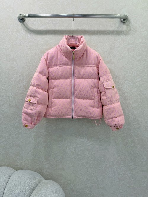 Louis Vuitton Pink Monogrammed Jacquard Down Jacket with Rhinestones, Stylish and Comfortable